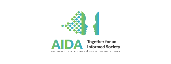 AIDA logo is composed of a pictogram showing tow facing half face profiles on top of the text AIDA "together for an informed society". The pictogram and the main text are in a shade that goes from green to light blue. The slogan is in black.