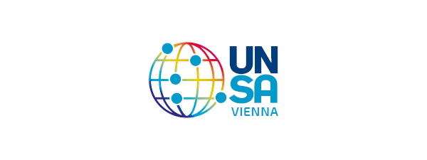 The UNSA Vienna logo is made of a stylized pictogram of the world, composed of meridians and parallels colored in a range of colors that shades from dark blue to light blue, to green, to yellow, to orange, and lastly, red. Next to it, on the left, the text UNSA Vienna is divided into three lines: UN is on top with a stark, bold dark blue sans-serif font; SA is in the middle, with the same font, but light blue; Vienna is at the bottom, with the same font as SA, but thinner and smaller in pts.