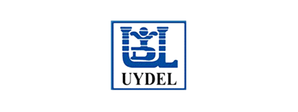 UYDEL's logo shows a pictogram that looks like the letters combined, in blue. Below the pictogram, the text UYDEL is written in a bald serif black font.