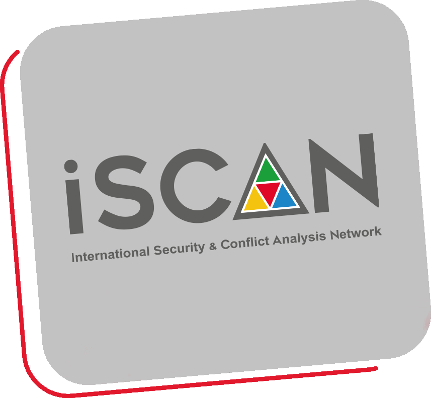 The iSCAN logo is composed of a text in a grey bald angual font. the A is used as a pictogram: it's a triangle divided in four smaller triangles (green on top, yellow on the bottom left, red at the center, and ligh blu on the bottom right). Below the main text, you can read the acronym Internationa Securrity and Conflict Analysis Network. The bakground is light grey.