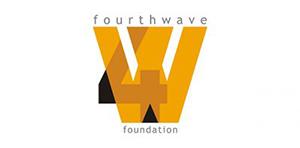 Forth Wave foundation logo: the logo is composed of a stark black bold 4 covered by a bold ochre w. The font is sans-serif and angular.