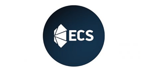 ECS logo in white (a pictogram and the three letters) are included in a dark blue circle.