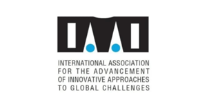 The international Association for the advancement and innovative approaches to global chances has a logo that is made up of a rectangular pictogram: two triangular shapes are carved out from the bottom to the top at the center. In the middle, two blue filled circles. Two rectangular vertical shapes are carved out from the sides.