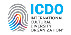 ICDO's logo shows a pictogram on the let representing a digital print with the middle lines colored in a blue, red and yellow shade. ICDO is written on top right in a light blue stark sans-serif font. Below, with a thinner font, in four lines you can read international cultural diversity organization.