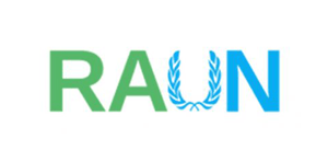 RAUN's logo is divided in two: RA is written in green, whereas UN is writte in light blue. The U is made up by a laurel crown. The font is bold and sans-serif.