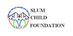 SLUM Child Foundation's logo is composed by a pictogram showing a stylized village on the left, and the text SLUM CHILD FOUNDATION on the right, divided in three lines. The font is bold black and serif.