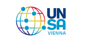 The UNSA Vienna logo is made of a stylized pictogram of the world, composed of meridians and parallels colored in a range of colors that shades from dark blue to light blue, to green, to yellow, to orange, and lastly, red. Next to it, on the left, the text UNSA Vienna is divided into three lines: UN is on top with a stark, bold dark blue sans-serif font; SA is in the middle, with the same font, but light blue; Vienna is at the bottom, with the same font as SA, but thinner and smaller in pts.