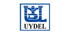 UYDEL's logo shows a pictogram that looks like the letters combined, in blue. Below the pictogram, the text UYDEL is written in a bald serif black font.