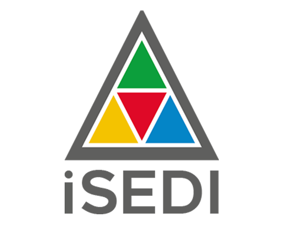 The iSEDI logo is composed of the the A of the iSCAN Logo is used as a pictogram: it's a triangle divided in four smaller triangles (green on top, yellow on the bottom left, red at the center, and ligh blu on the bottom right). Below the main text, you can read the acronym Internationa Securrity and Conflict Analysis Network. Below it, with the same font, there is the text iSEDI.