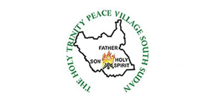The Holy Trinity Peace Village South Sudan is composed by the shape of South Sudan, in which there's a small bonefire. The words father, son and holy spirit surround the fire. The name of the organization is written all around it, in an open circle. The font is bold, serif and green colored.