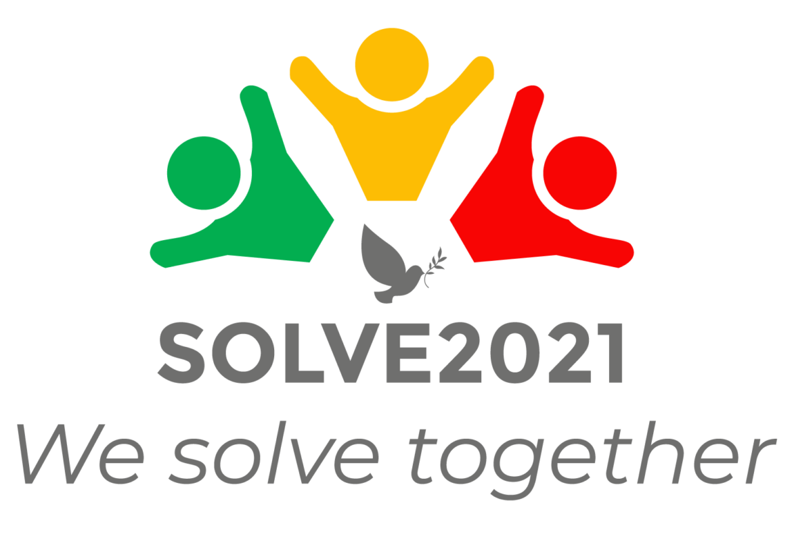 SOLVE 2021 Logo - We solve together. The solve logo is composed of three stylized men - green, yellow and red - creating a semicircle, with a grey dove in the middle. Under the pictogram, the text SOLVE 2021 in a bold angular font.