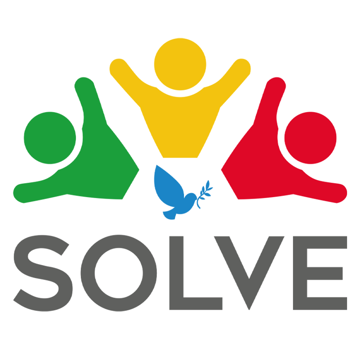 The solve logo is composed of three stylized men - green, yellow and red - creating a semicircle, with a grey dove in the middle. Under the pictogram, the text SOLVE in a bold angular font.
